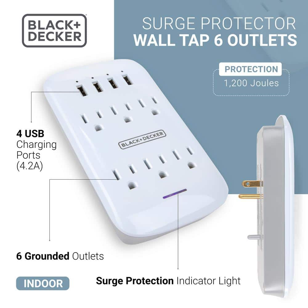 Black + Decker Surge Protector Wall Tap 6 Outlets + 4 USB