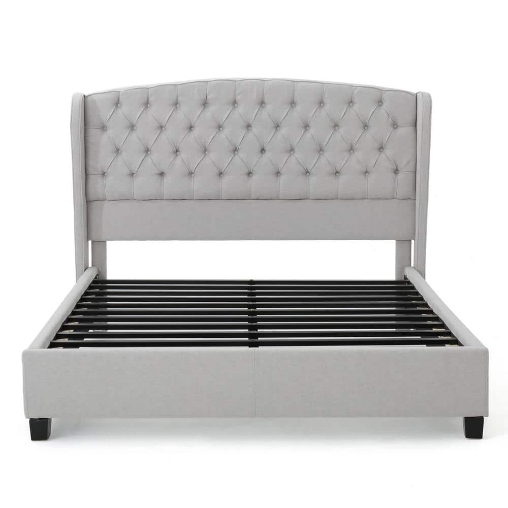 Noble House Aldo Contemporary Fully Upholstered King Size Platform Bed Frame, Light Gray, Dark Brown