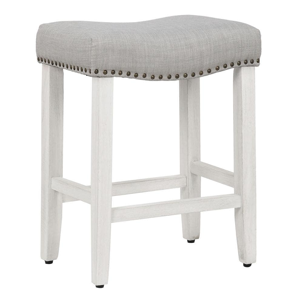 Polytrends Jameson Upholstered Polyester Antique White 24 Inch Counter Stool Antique White/Gray Wood Rubberwood Footrest Fabric Glam