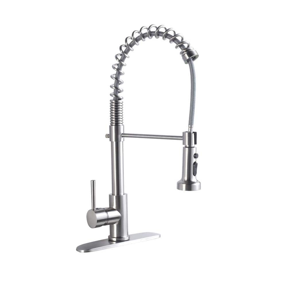 SHACO Kitchen Faucet, Stainless Steel Kitchen Faucet with Pull Down Sprayer, Commercial Single Handle Spring Faucet for Farmhouse Camper Laundry Utility RV Wet Bar Sink Brushed Nickel, SC-FST006L-D-ZZ