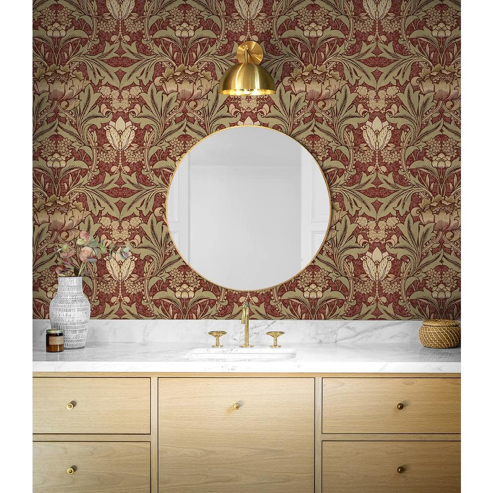 Seabrook Designs  Acanthus Floral Prepasted Wallpaper 20.5 in. W x 33 ft. L - Red Clay & Lichen