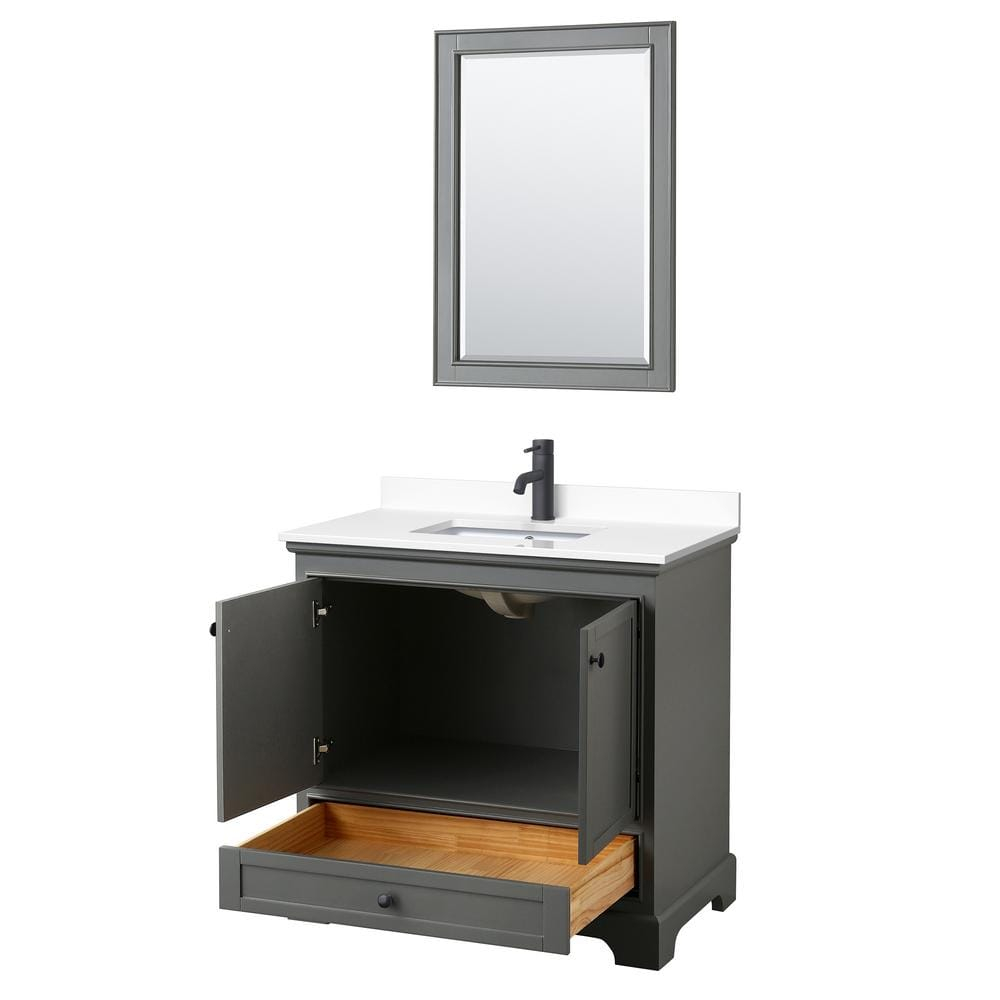 Wyndham Collection Deborah 36 Inch Single Bathroom Vanity in Dark Gray, White Cultured Marble Countertop, Undermount Square Sink, Matte Black Trim, 24 Inch Mirror