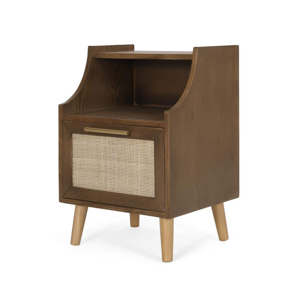 Noble House Barrere End Table with Hutch, Walnut, Natural, and Antique Gold