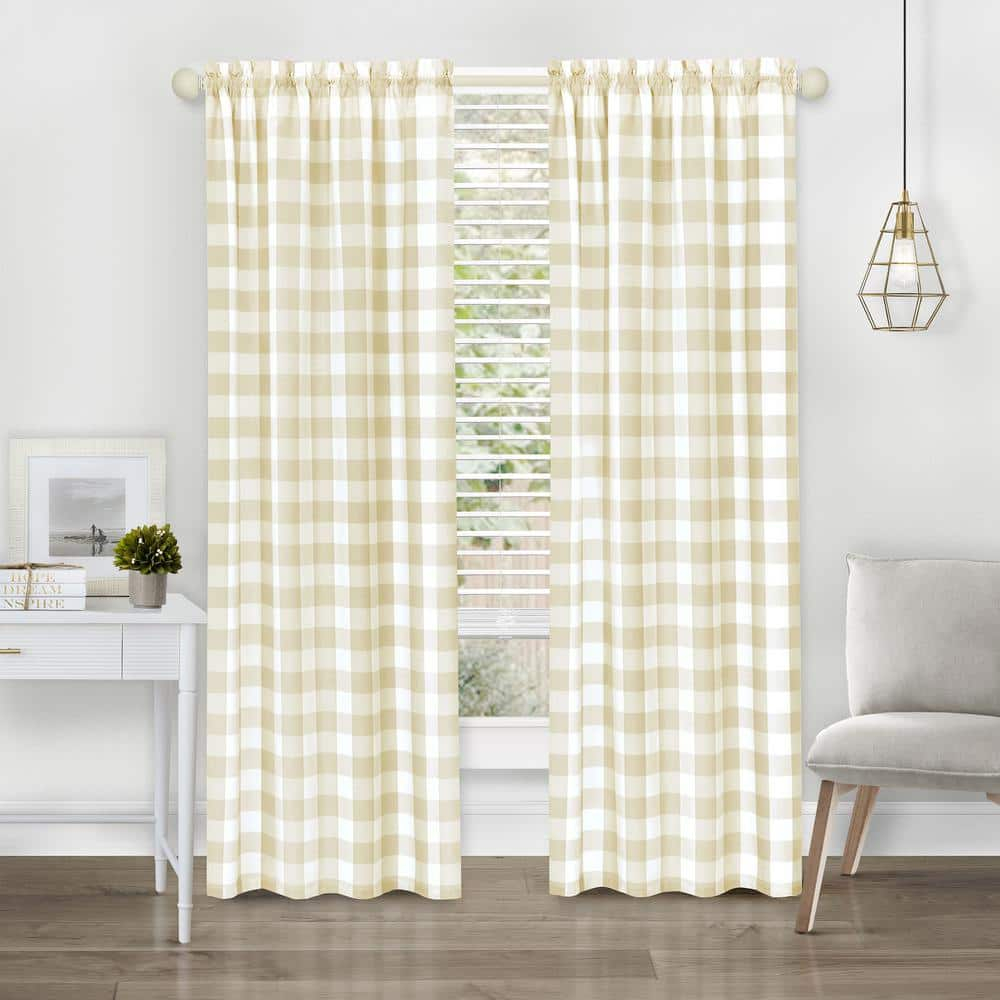 Achim Hunter Indoor Polyester/Cotton Light Filtering Checkered Curtain Panel, Tan, 42-in W x 63-in L