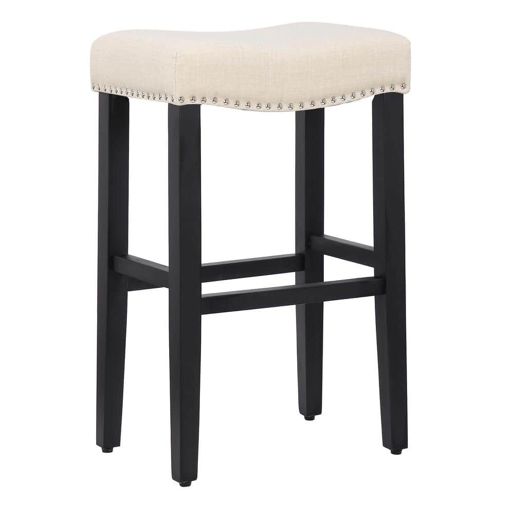 YAZAN 29" Upholstered Counter Stool with Nail Head Trim (Set of 2), Black/Beige