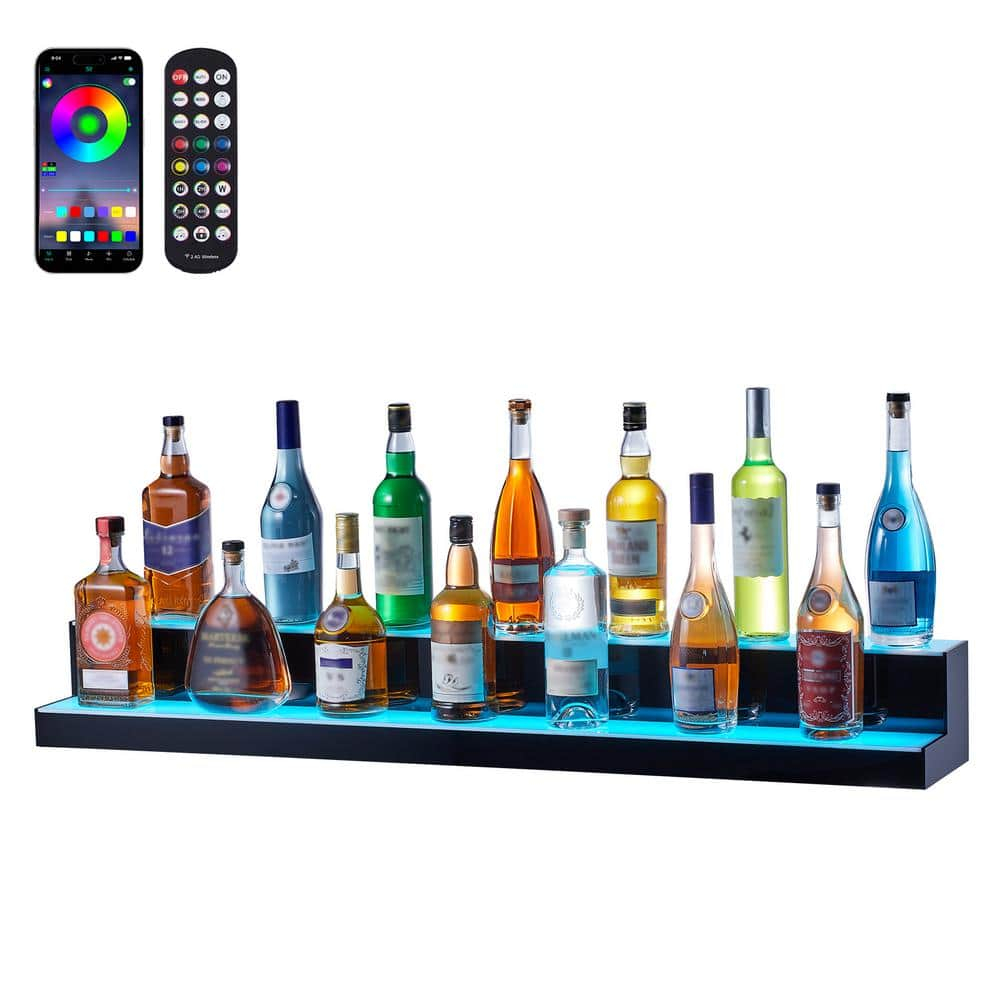 VEVOR LED Lighted Liquor Bottle Display, 2 Tiers 48 Inch Commercial Illuminated Home Bar Shelf, 2 Steps Whiskey Rack Stand, Acrylic Drink Shelves with RF Remote & App Control, and Multicolor Lighting