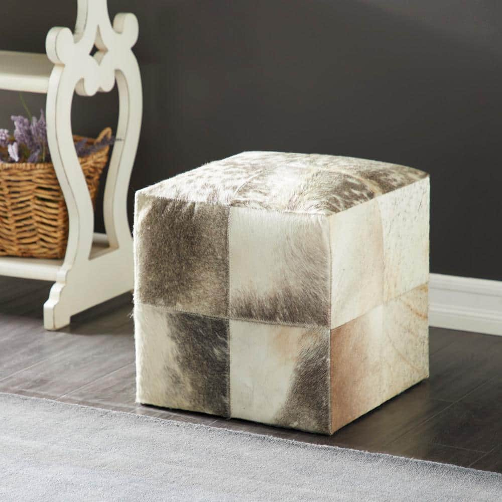 DecMode Leather Handmade Cowhide Stool with Patchwork Pattern, Gray
