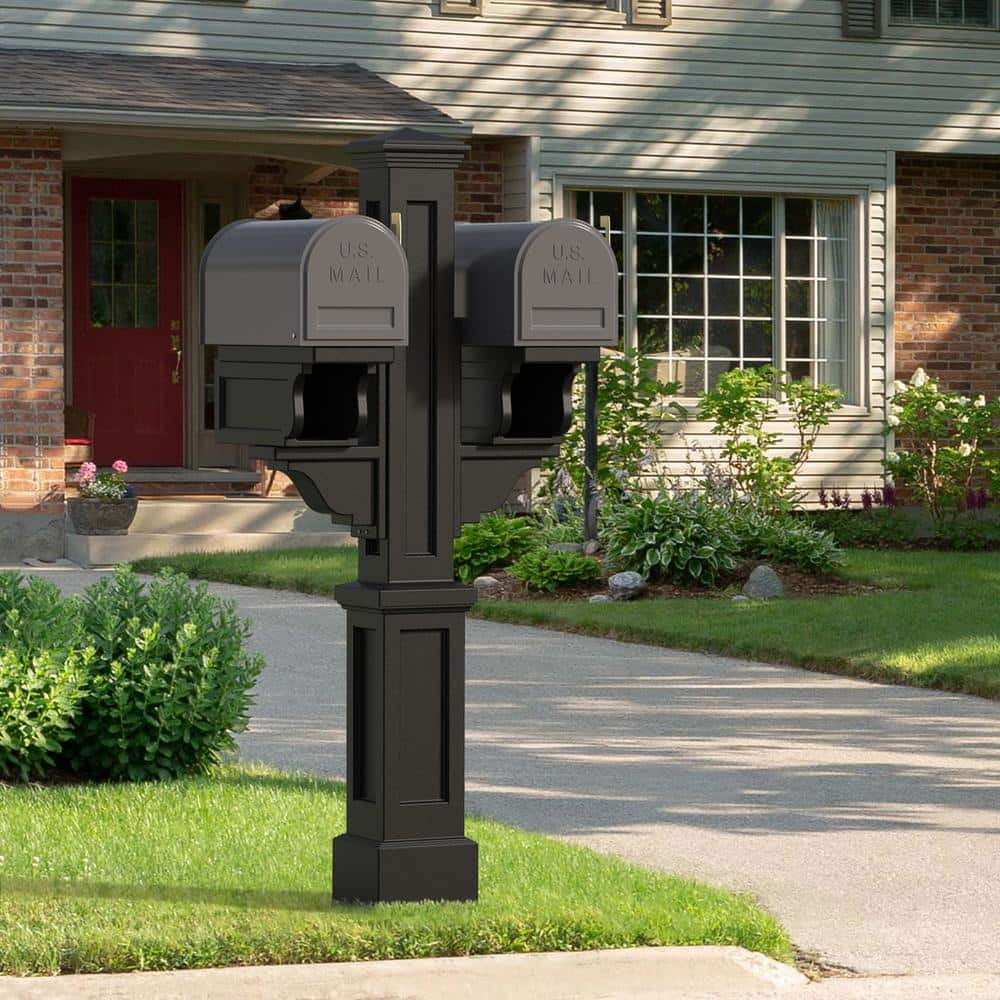 Mayne Rockport Double Arm Mail Post - Black - 18in L x 23in W x 56.5in H - Standard Post, 2x Paper Holder Arms (5811-B)