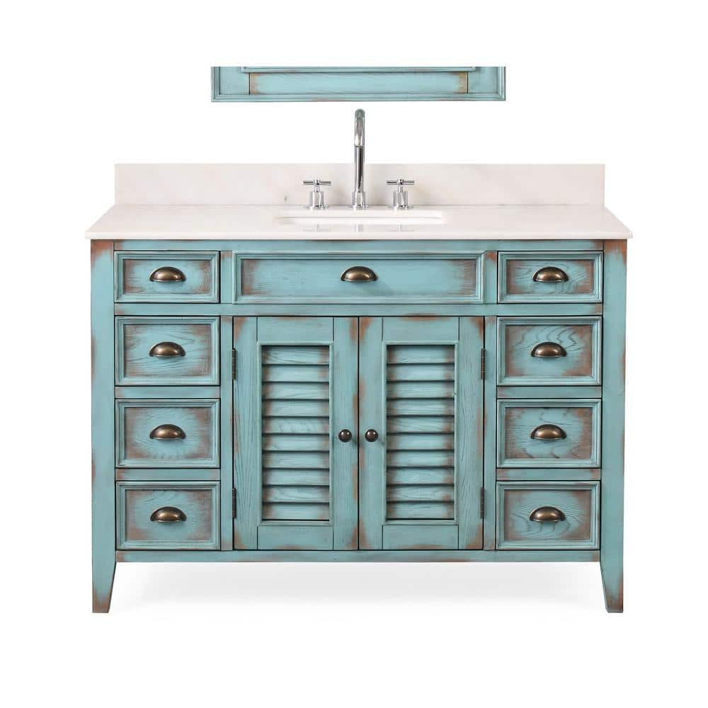 46 Inch Abbeville Distressed Blue Finish Cottage Plantation Style Bathroom Vanity with White Marble Stone Top, 4 Functional Drawers, Undermount Sink, Hardware Included