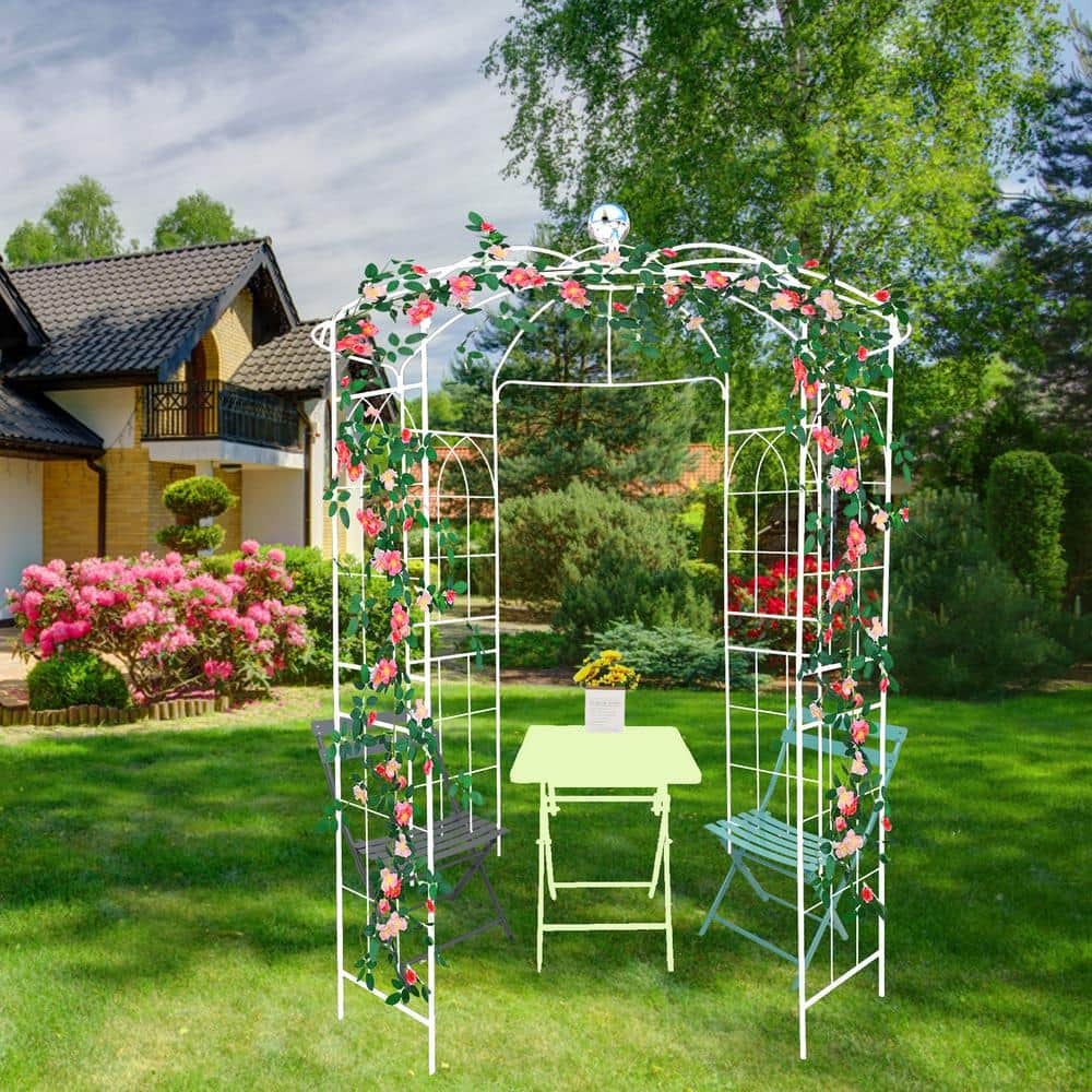 ANYHI Metal Garden Arch Iron Garden Arbors Gazebo Dia 81.3'' x 114.2'' High Birdcage Shape Pergola Pavilion for Wedding Ceremony White