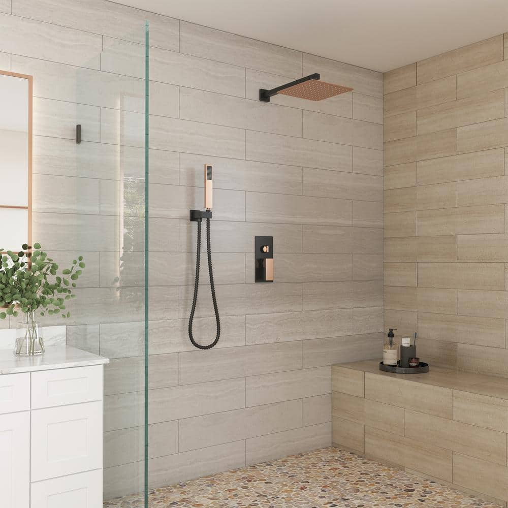 10 Inch Matte Black Shower System with Handheld Shower head, Bathroom Mixer Shower Set Wall Mounted Shower Faucet Rough-in Valve and Trim Kit