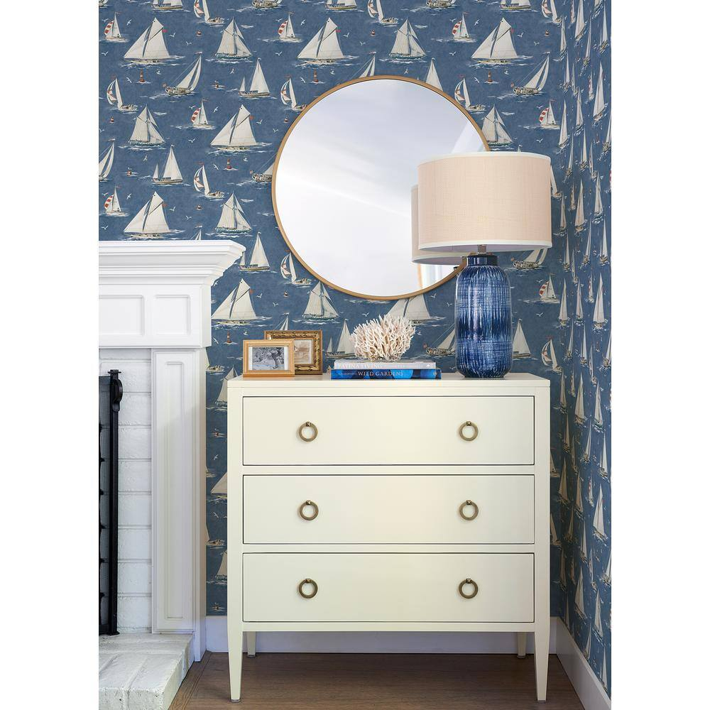 Navy Blue Sailboat Pre-Pasted Washable Wallpaper