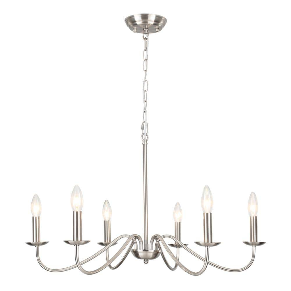 6-Light Farmhouse Chandelier for Dining Room Lighting Fixtures Hanging Brushed Nickel Chandelier for Kitchen Industrial Pendant Candle Lighting or Living Room Entryway Bedroom Foyer