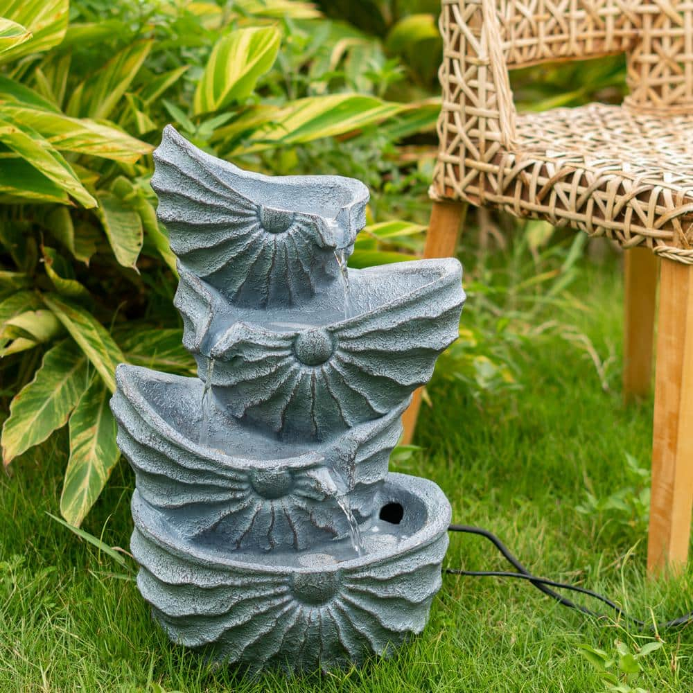 21.5 in. Blue Polyresin Nautilus Shell 4-Tier Water Fountain with Light
