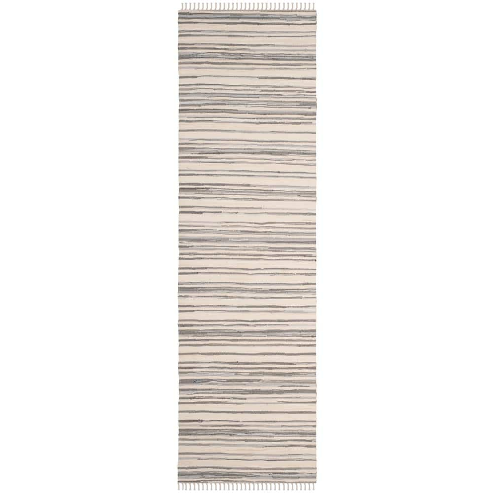 SAFAVIEH Rag Benton Striped Cotton Runner Rug, Ivory/Grey, 2'3" x 5'