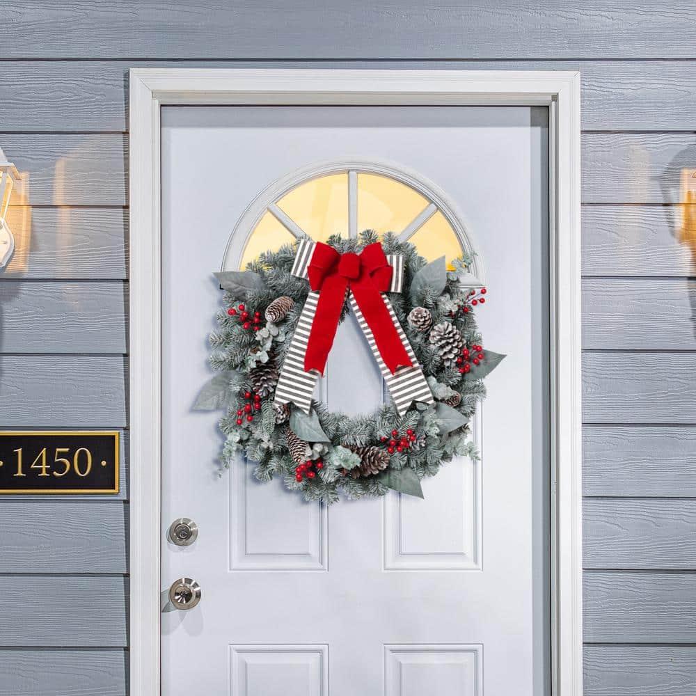 GIL  Snowy Pine Christmas Wreath with Red Berries, Pinecones & Bow