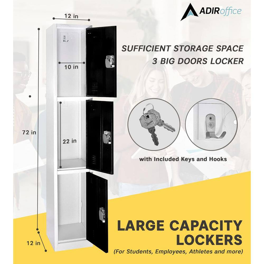 Black Solid Steel Freestanding 3-Door Locker