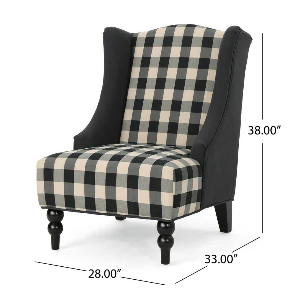 Noble House Charles Fabric High-Back Wingback Chair, Black Checkerboard