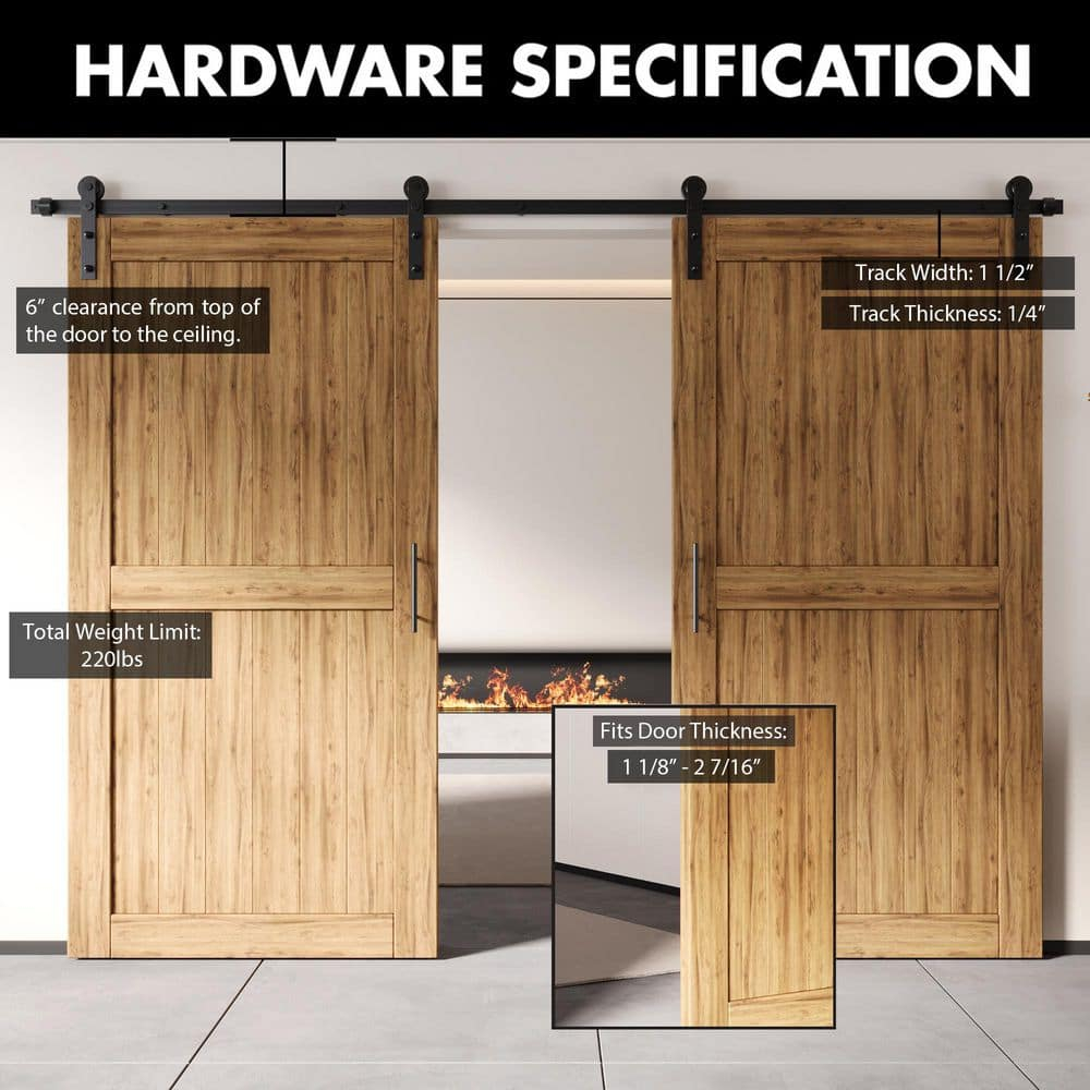 Homacer Black Rustic Sliding Barn Door Hardware Kit, for Two/Double Doors, 14ft Long Flat Track, Straight Design Roller, Heavy Duty, for Interior & Exterior Use