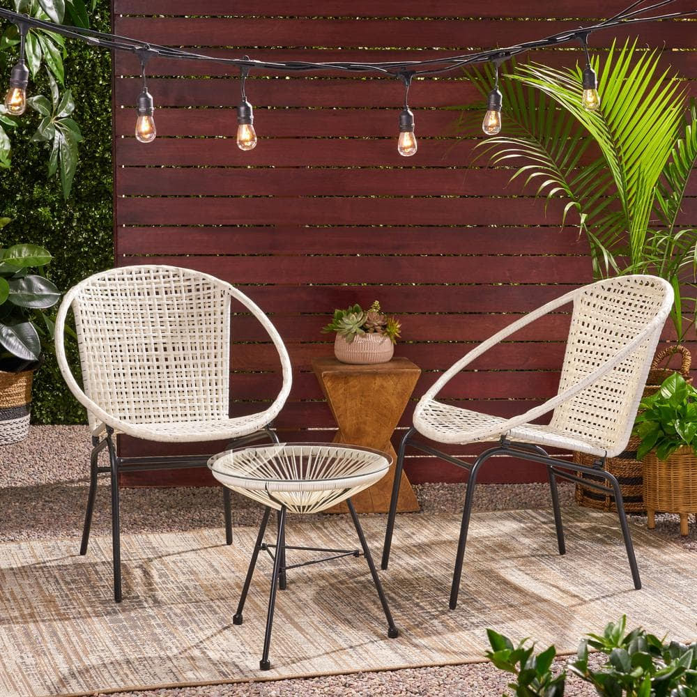 Cing Outdoor Modern 2 Seater Faux Rattan Chat Set, White and Black