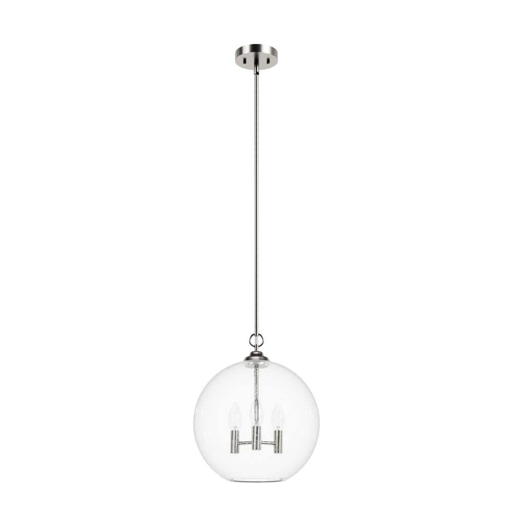 Hunter - High Oaks 3-light Brushed Nickel, Medium Size Pendant Light, Dimmable, Formal Style, Globe Shaped, for Bedrooms, Kitchens, Dining, Living Rooms - 48061