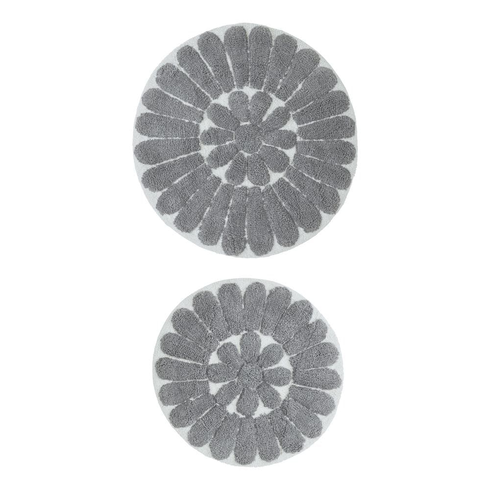 Bursting Flower 2 Pc Bath Rug Set -WHITE AND PEWTER (30" ROUND & 24" ROUND)
