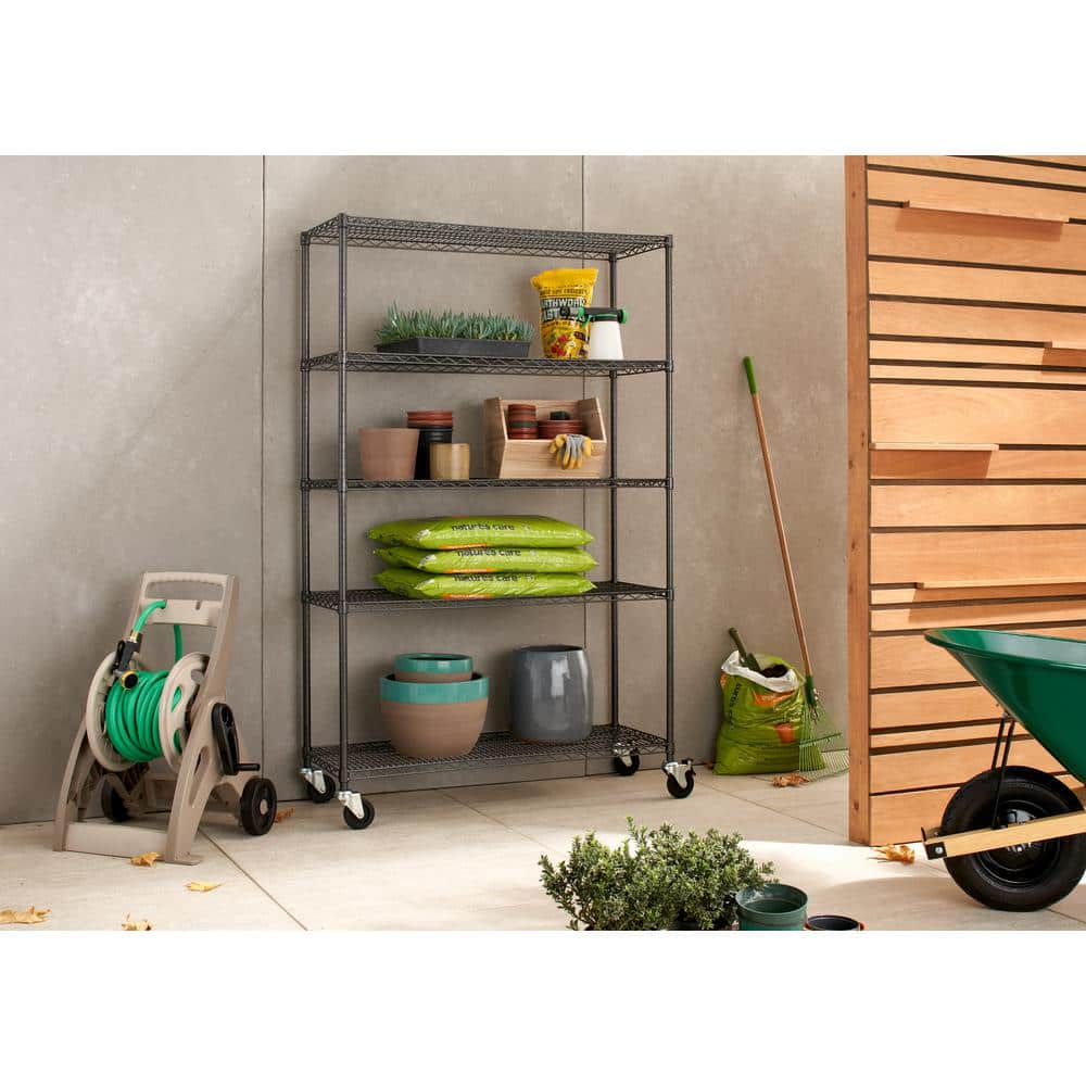 Industrial Black Steel 5-Tier Wire Shelving Unit with Wheels