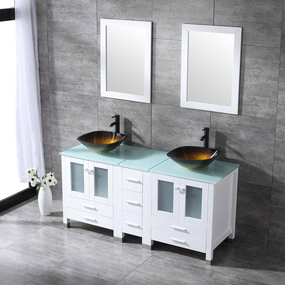 60" White Bathroom Vanity Cabinet Optional Double Sink Tempered Glass Top Mirror