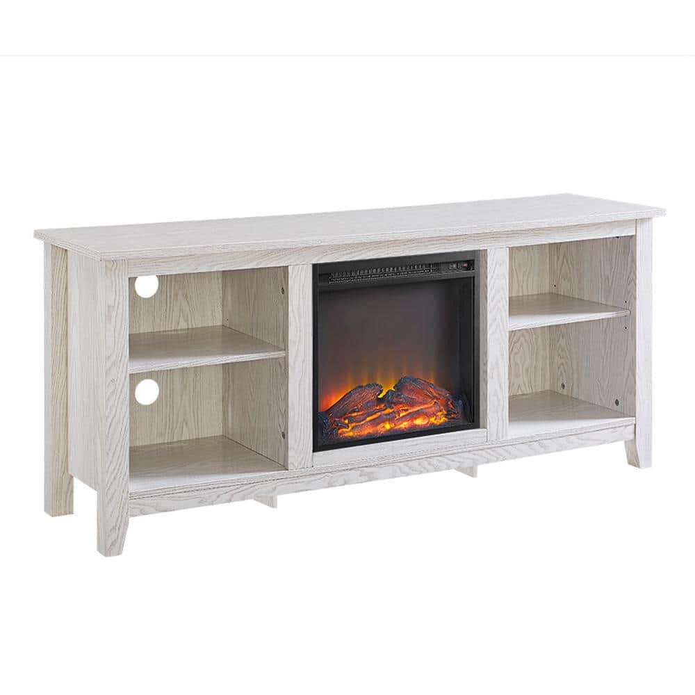 Walker Edison Wren Classic 4 Cubby Fireplace TV Stand for TVs up to 65 Inches, 58 Inch, White Wash