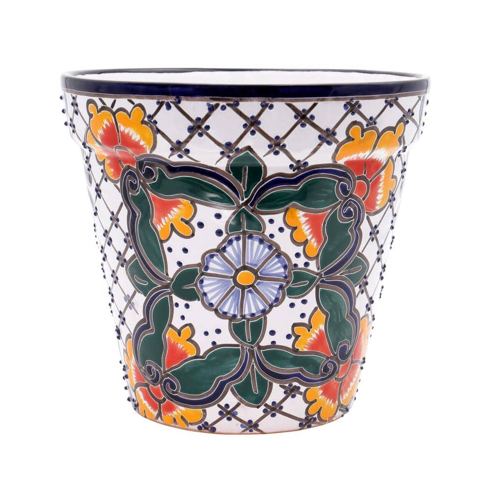 Evergreen Garden Talavera Mexican Pottery Ceramic Floral Classic Top Pot Planter | Flower Pot Plant Succulent | Indoor Outdoor (10 inch)