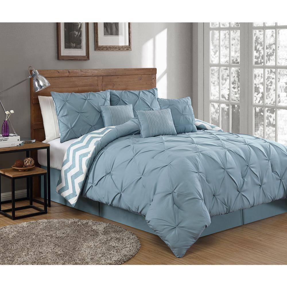 Avondale Manor 7-Piece Ella Comforter Bed Set - Reversible Ultra-Soft Pinch Pleat Spa Blue Bedding Comforter Set with 3 Decorative Pillows for King Bed, Hypoallergenic, 7 Pieces, King Spa Blue