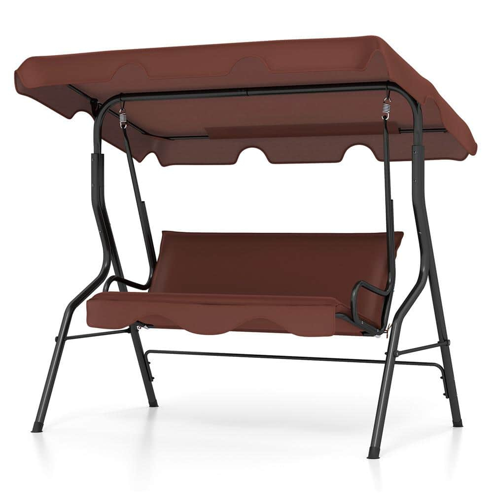 Tangkula 3 Person Porch Swing, Patio Swing with Removable Cushion & Powder-Coated Steel Frame, Outdoor Swing with Canopy for Porch, Backyard, Garden, Balcony (Coffee)