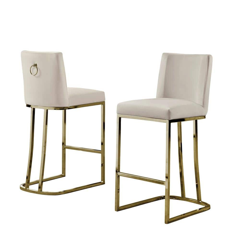 Velvet Counter Height Chairs in Beige Cream Velvet and Gold Chrome (Set of 2)