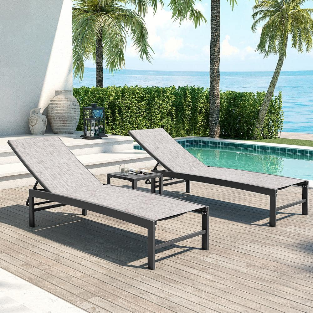 Crestlive Products Outdoor Aluminum Textilene Chaise Lounge Chairs and Table Set of 3 Earth Fabric, Dark Grey Frame
