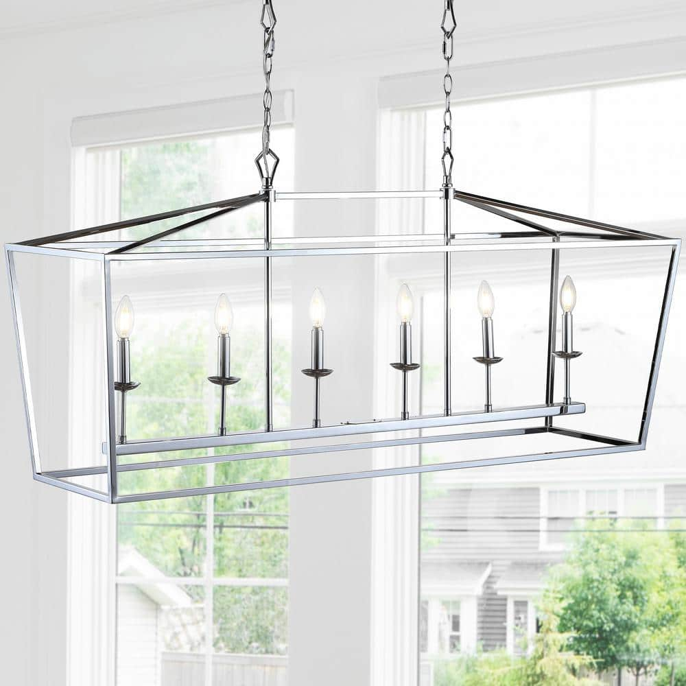 Pagoda 49" Linear 6-Bulb Lantern Metal LED Pendant, Chrome