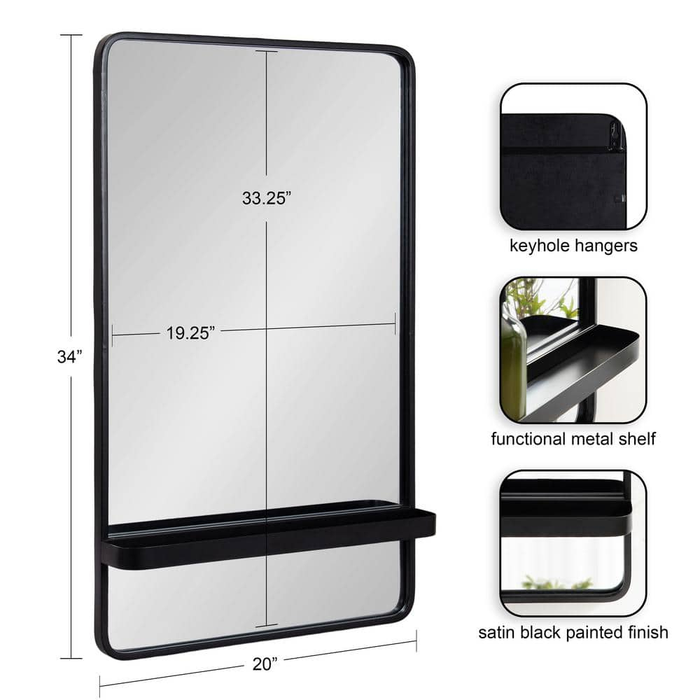 Kate and Laurel Estero Modern Metal Rectangle Mirror with Rounded Shelf, 20 x 34, Black, Decorative Contemporary Rounded Rectangle Shelf Mirror for Living Room or Bedroom Storage and Display