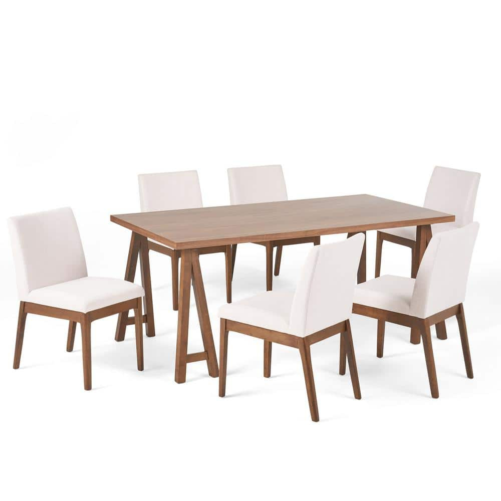 Noble House Caruso Mid-Century Modern 7 Piece Dining Set, Light Beige and Walnut