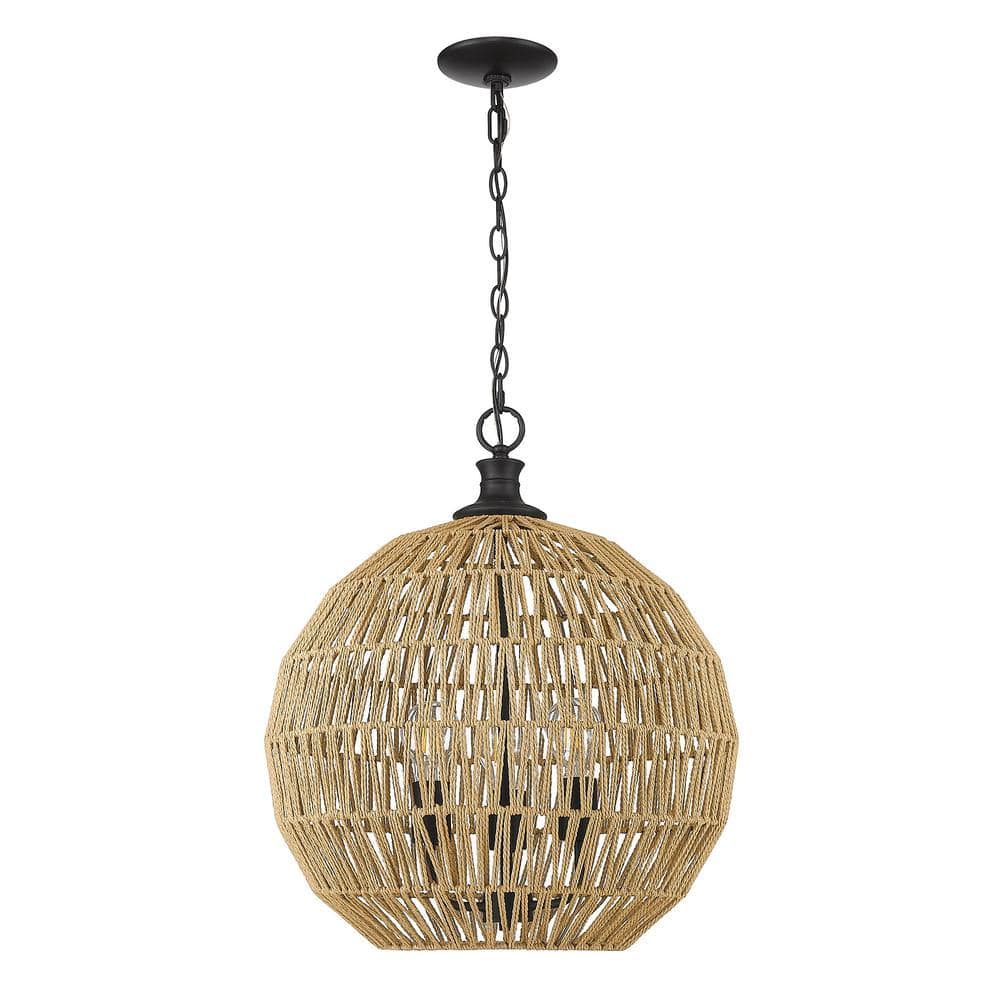 Golden Lighting Florence 3-Light Pendant in Matte Black with Natural Raphia Rope