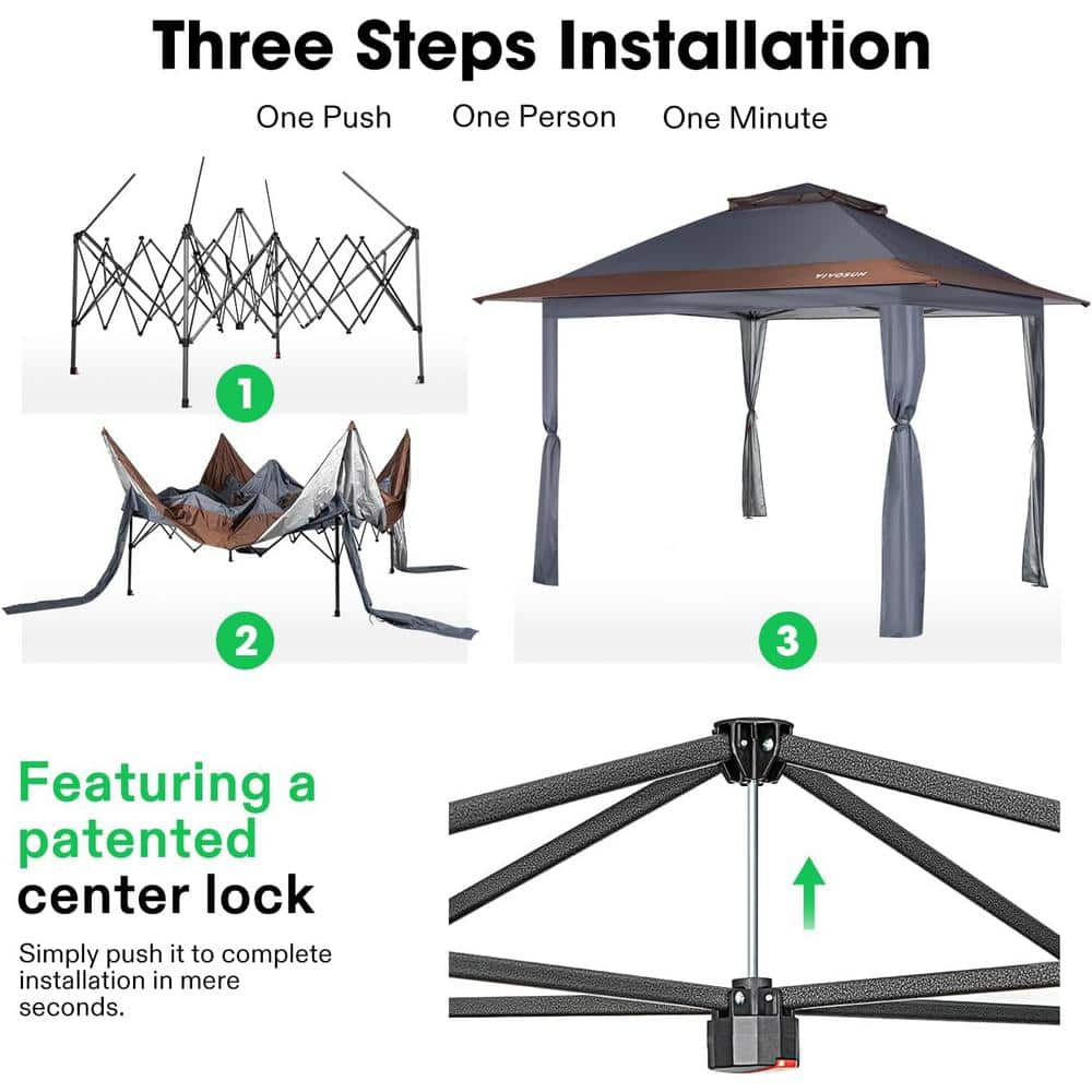 13 ft. x 13 ft. Pop Up Canopy Tent with Mosquito Netting, Center Lock, Storage Bag