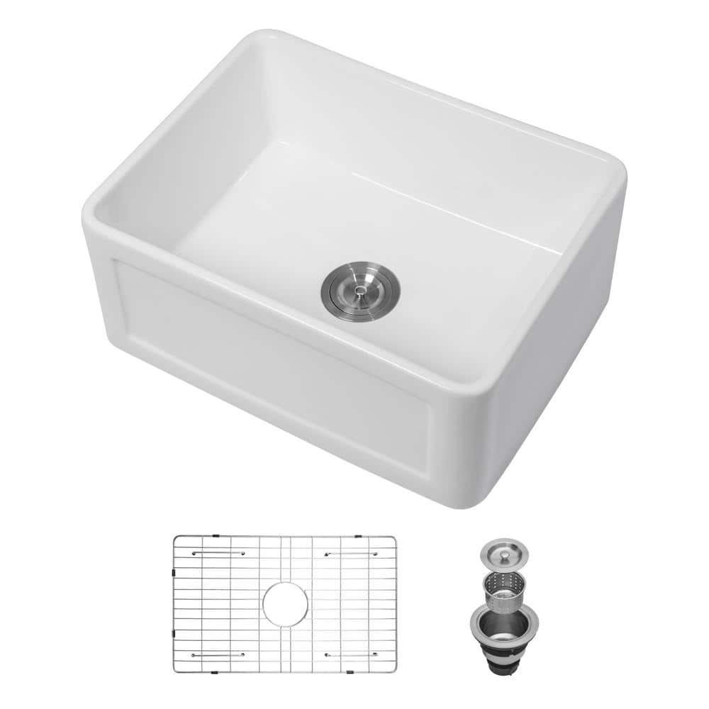 24 Inch Farmhouse Sink , White Farm Sink for Small Kitchen and Laundry, Luxury Fireclay Porcelain Ceramic Apron Sink Single Basin with Bottom Grid and Strainer