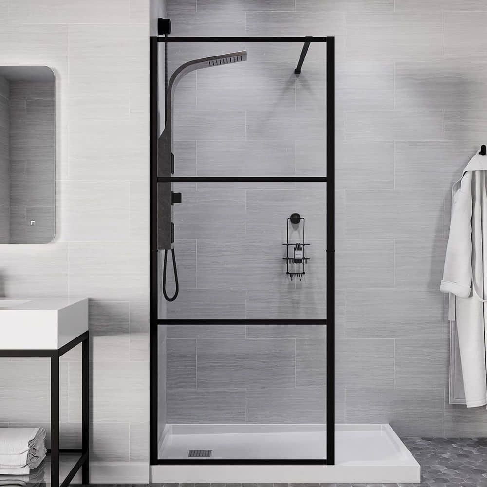 ANZZI Series 34 in. x 78 in. Fixed Frameless Shower Door in Matte Black with Tsunami Guard Tempered Clear Glass
