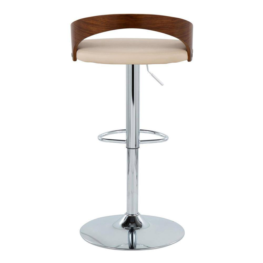 Grotto Mid-Century Modern Adjustable Height Barstool with Swivel in Chrome Metal, Walnut Wood and Cream Faux Leather with Oval Footrest by LumiSource - Set of 2