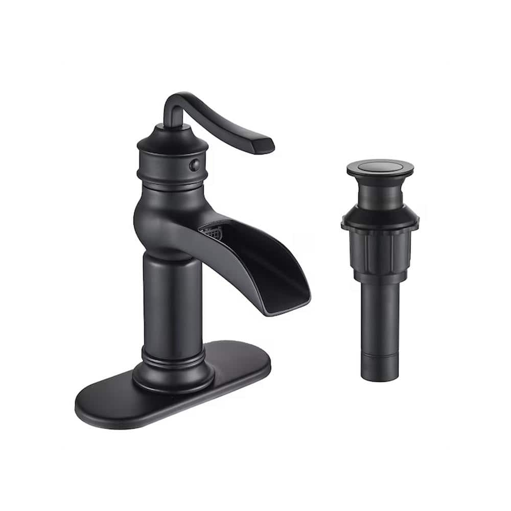 FORIOUS Black Waterfall Bathroom Faucet, Single Handle Antique Bathroom Sink Faucet with Deck Plate, Lead-Free CUPC Hose and Metal Pop-up Drain for 1 Hole or 3 Hole Farmhouse, Lavatory, Vanity