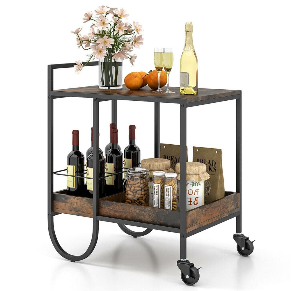 2-Tier Rolling Buffet Kitchen Cart with Removable Metal Wire Wine Rack