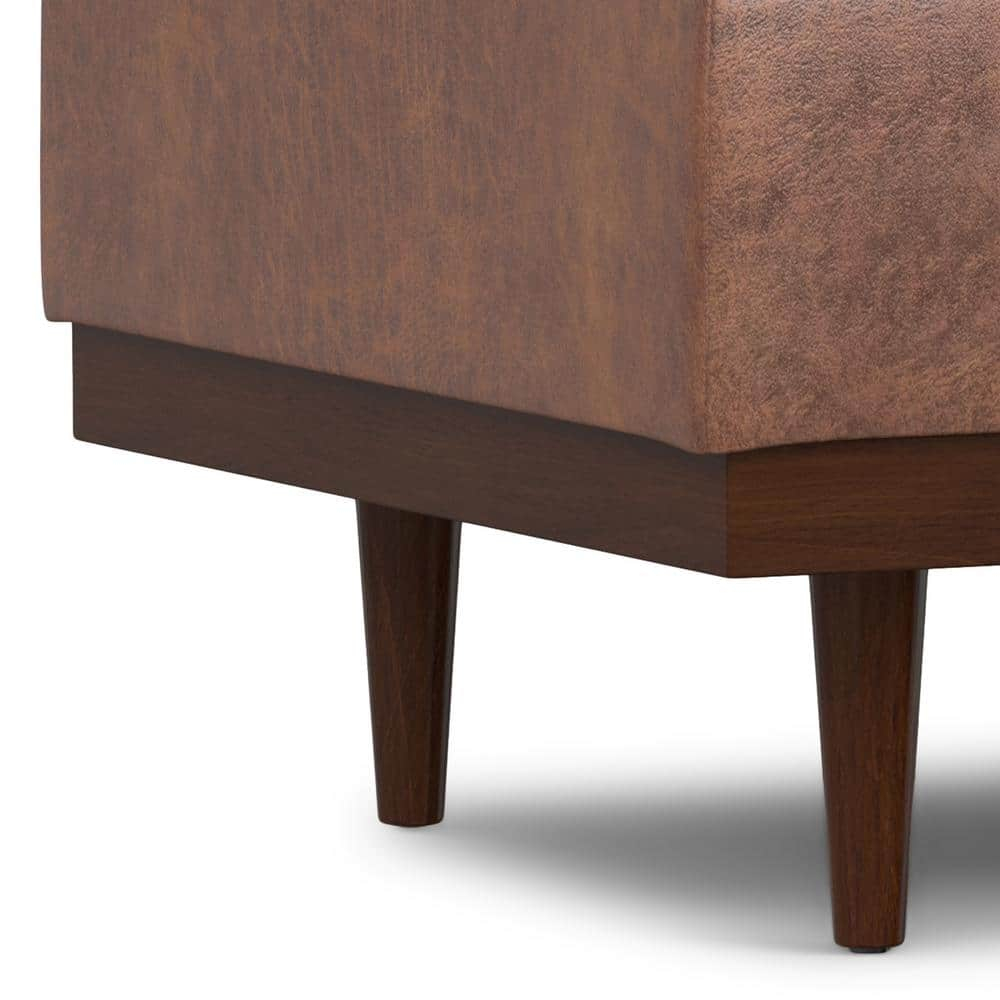 Simpli Home Mariah 34 inch Wide Contemporary Rectangle Coffee Table Storage Ottoman in Distressed Saddle Brown Vegan Faux Leather