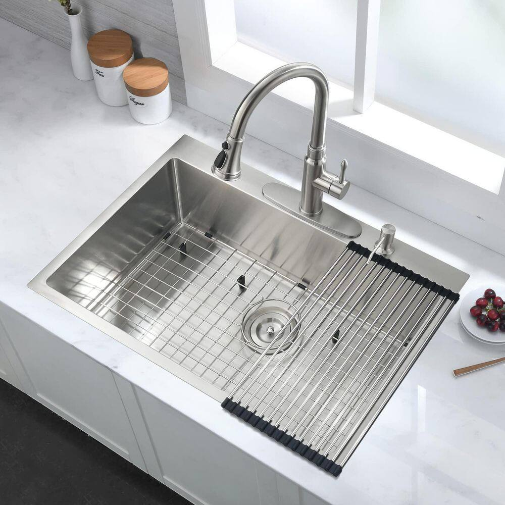 Clearance! Stainless Steel 30 in 2-Hole Single Bowl Drop-In Kitchen Sink with Bottom Grid and Basket Strainer
