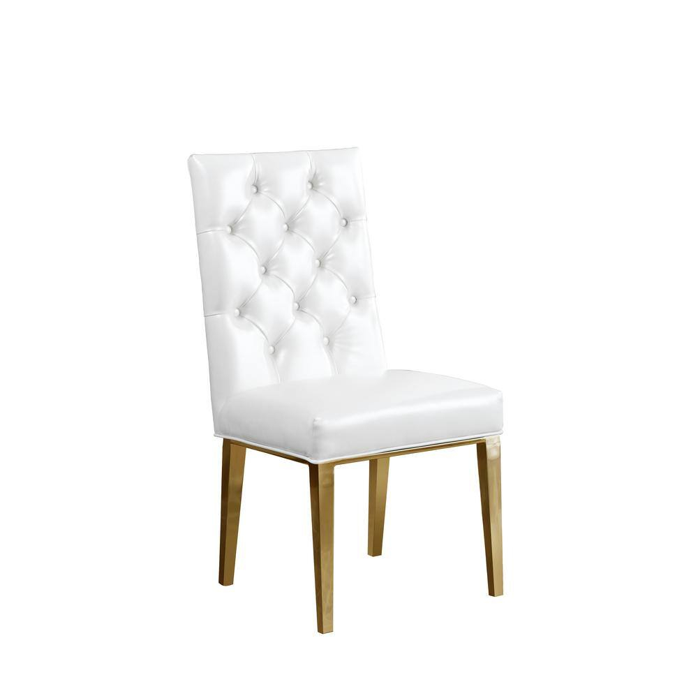 White Faux Leather Tufted Side Chairs with Gold Chrome Legs (Set of 2)