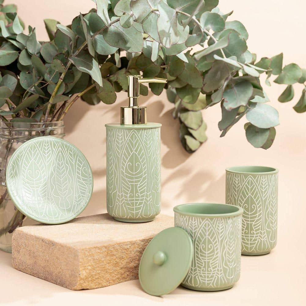 Premium Pastel Green Bathroom Accessories Set. Bathroom Set. Boho Bathroom Decor. Accesorios para Baños. New Apartment Essentials. Toothbrush Holder and Soap Dispenser.