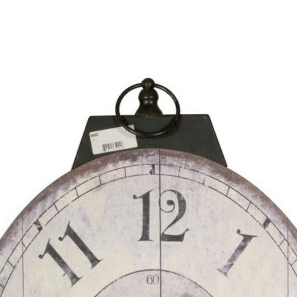 Distressed White and Brown Oval Wooden Wall Clock with Metal Loop