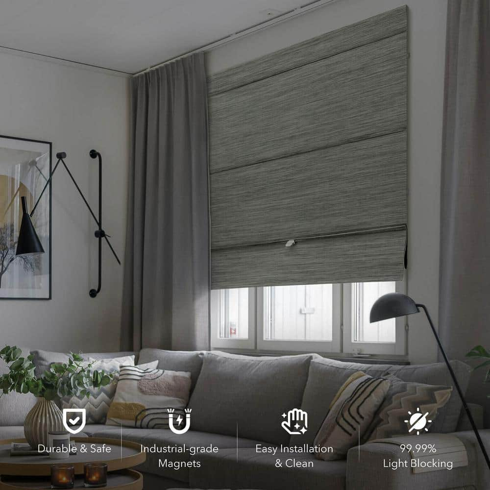 Iron No Drill Cordless 99.99% Blackout Natural Woven Magnetic Roman Shades, 35 in. W x 65 in. L